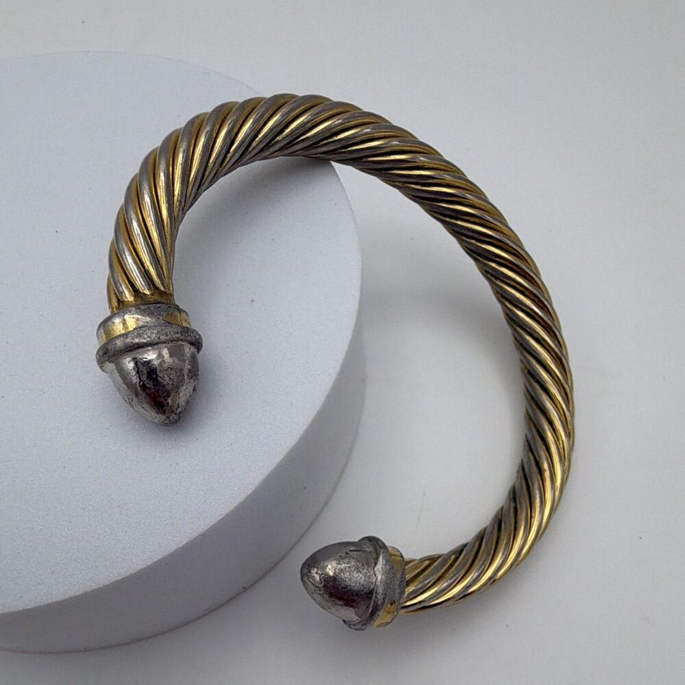 Gold/Silver Tone Twisted Wire Cable Cuff Bracelet Metal End Caps No Stone